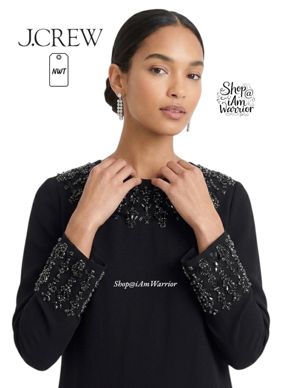 J.Crew NWT black crepe embellished shift dress *shop@iamwarrior